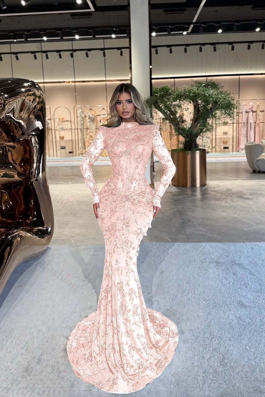High Neck Long Sleeves Long Mermaid Evening Formal Dress With Beading Pleated