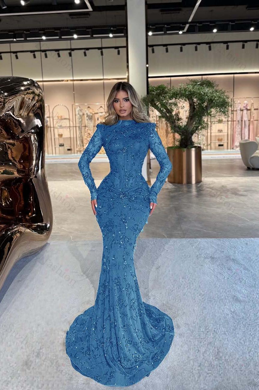 High Neck Long Sleeves Long Mermaid Evening Formal Dress With Beading Pleated