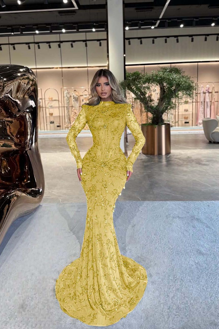 High Neck Long Sleeves Long Mermaid Evening Formal Dress With Beading Pleated