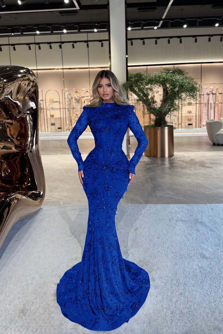 High Neck Long Sleeves Long Mermaid Evening Formal Dress With Beading Pleated