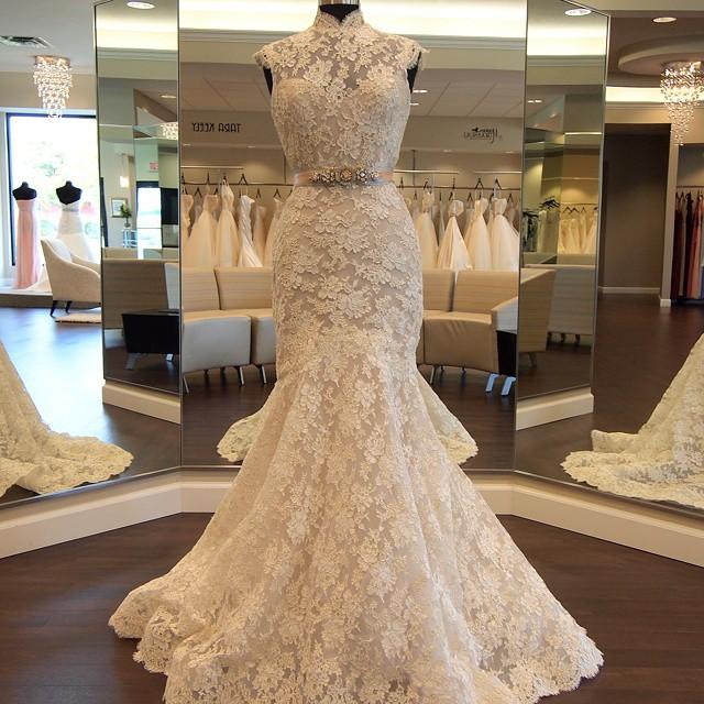 High Neck Mermaid Lace Retro Wedding Dress  Crystals Belt Sash Elegant Bride Dress