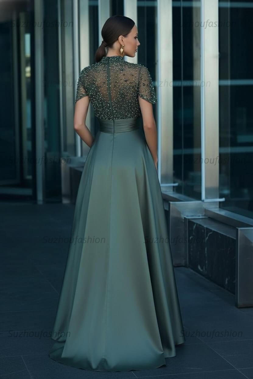 High Neck Short Sleeves Long Evening Formal Dress With Beading Pockets