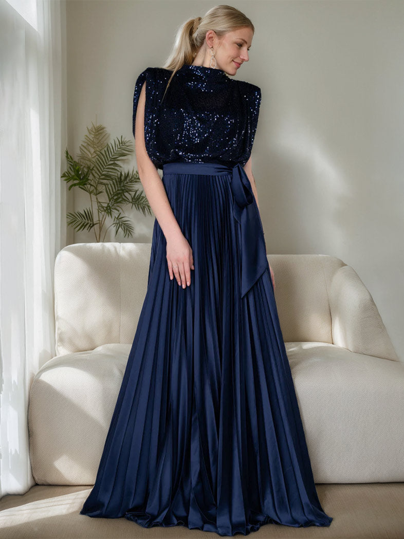High Neck Sleeveless A Line Dress for Mothers of the Bride & Groom with Sequins and Ruffles