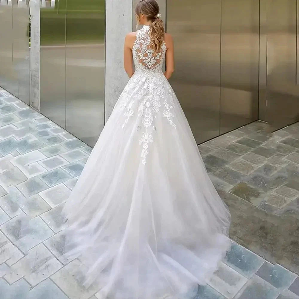 High Neck Vestidos De Novia Appliques Vestido De Noiva Sleeveless Wedding Dresses Lace Robe De Mariée (ZD14051)