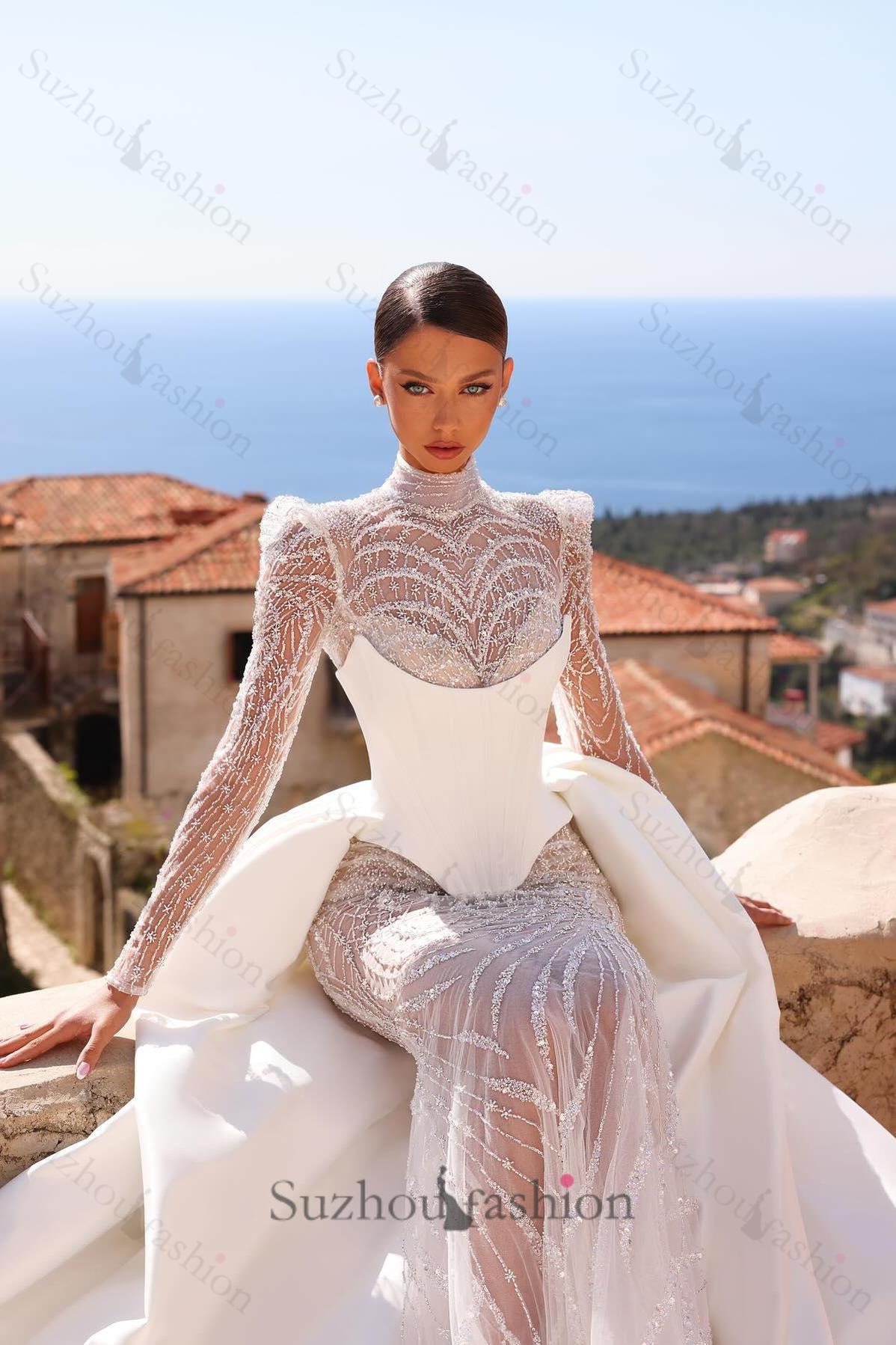 High Neck Wedding Dress Mermaid Beaded Satin Bridal Gown with Panel Train