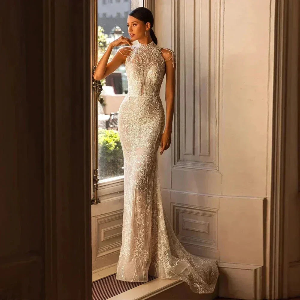 High Neck Wedding Dresses Women's Elegant Tulle Backless Bohemian Beads Sequins Applique Beach Bridal Gowns Vestidos Novia (ZD14160) - VelvetHem