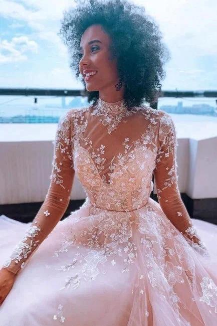 High neck Elegant Lace Long sleeves Wedding Dress (ZD15695)