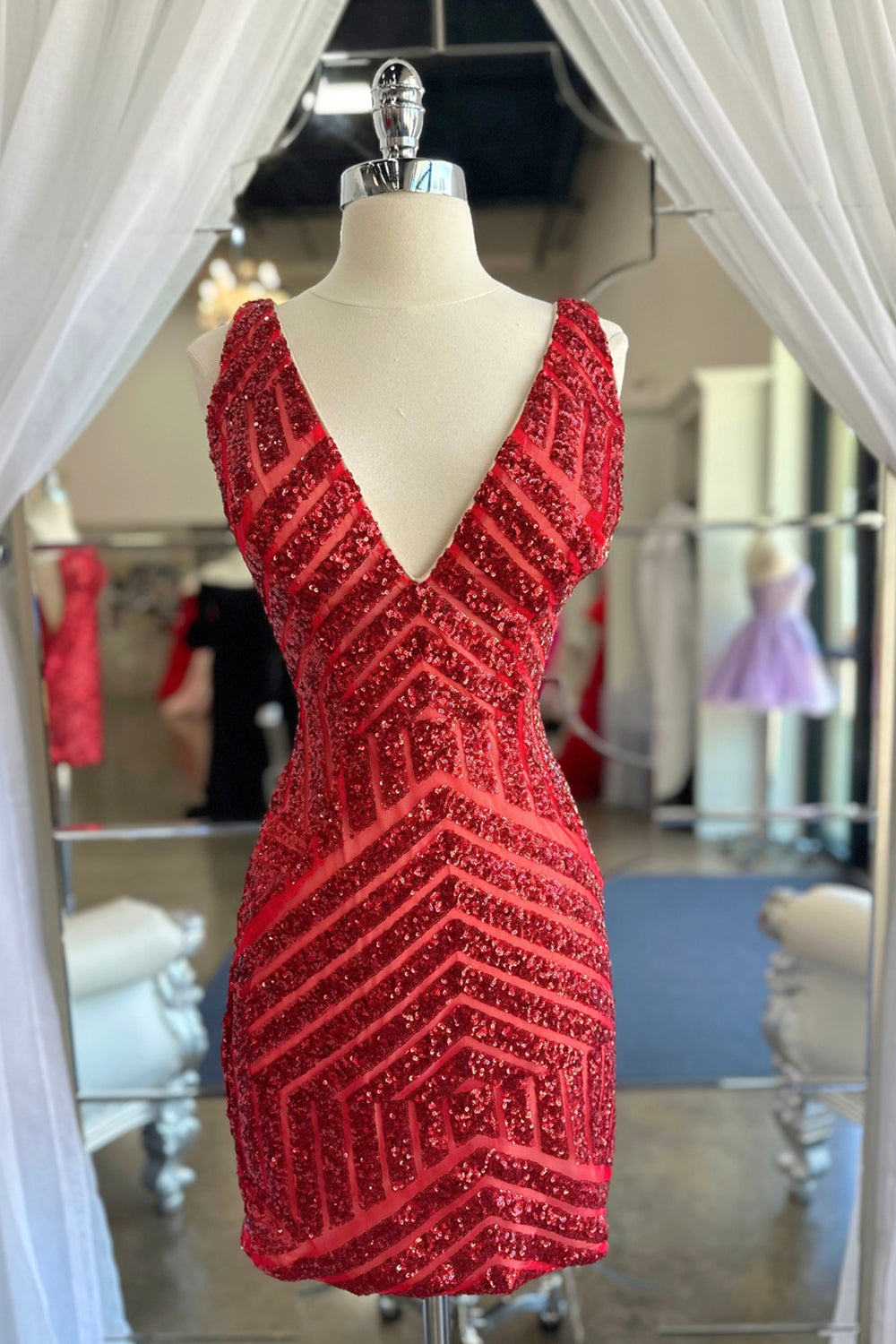 Homecoming Dresses Sequin V-Neck Tight Prom Dress