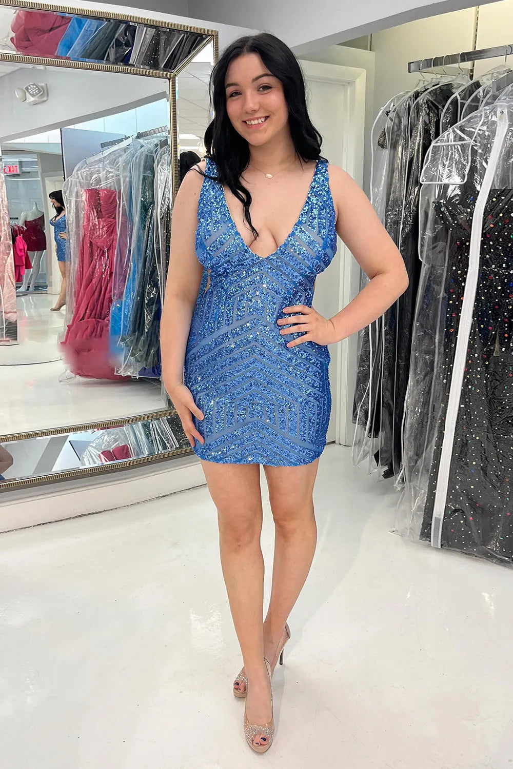 Homecoming Dresses Sequin V-Neck Tight Prom Dress