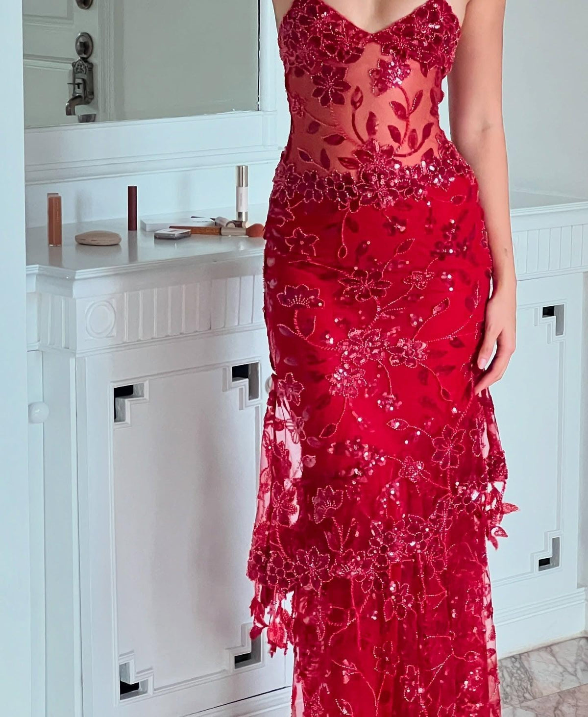 Hot Mermaid Spaghetti Straps Red Long Prom Dress With Embroidery Formal Evening Gown