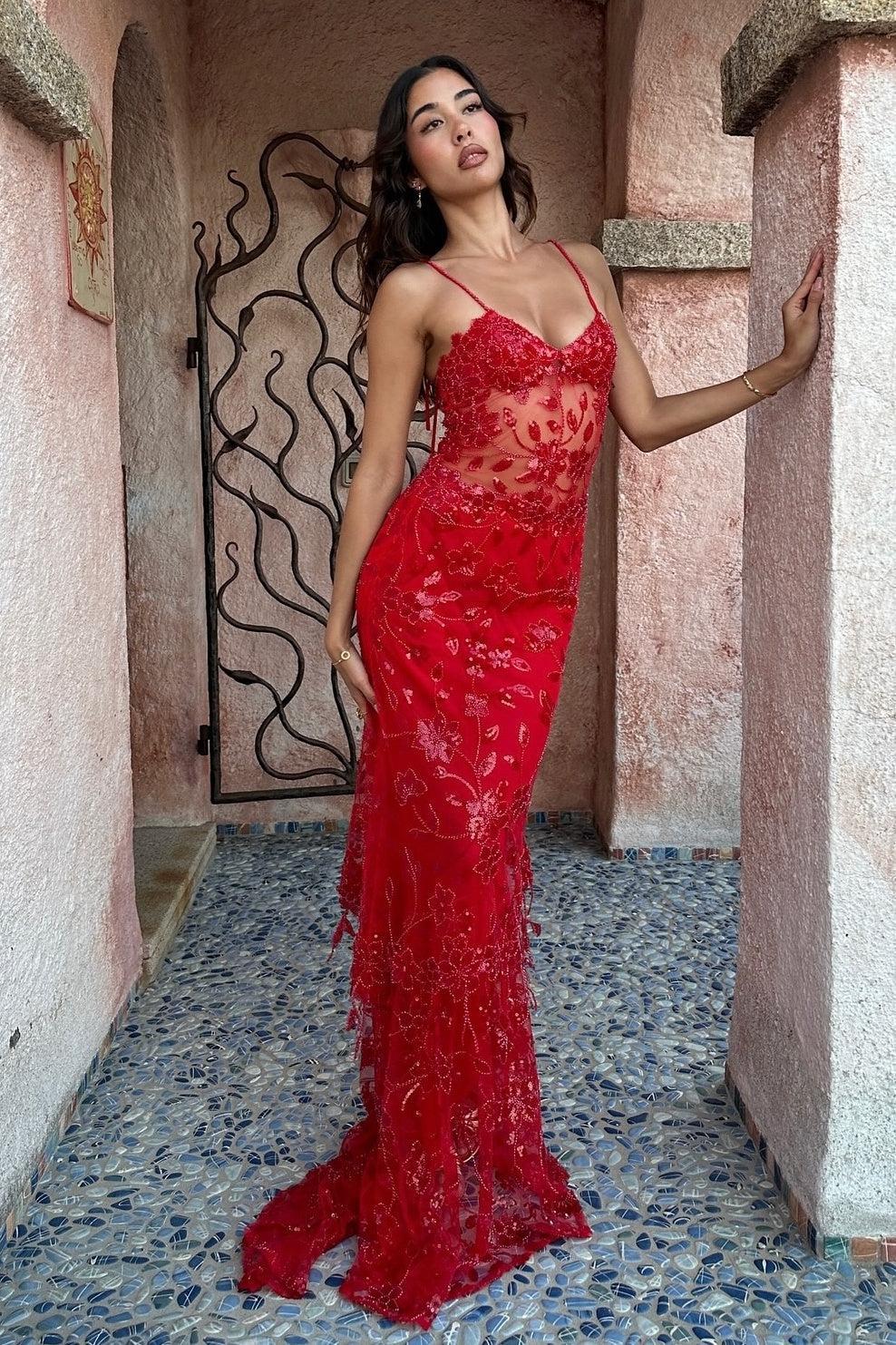 Hot Mermaid Spaghetti Straps Red Long Prom Dress With Embroidery Formal Evening Gown