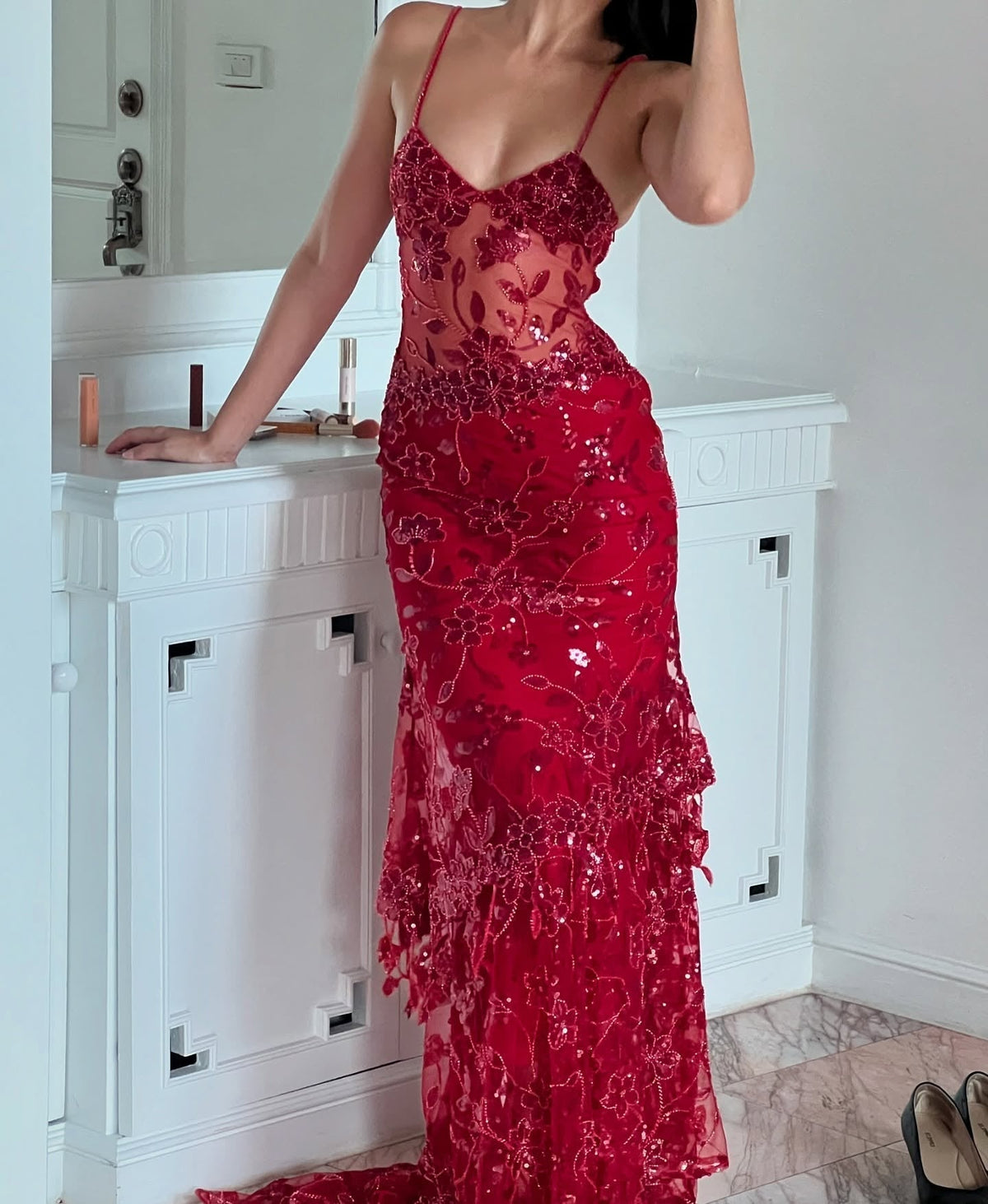 Hot Mermaid Spaghetti Straps Red Long Prom Dress With Embroidery Formal Evening Gown