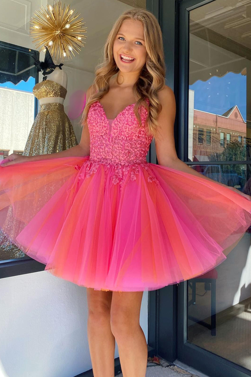 Hot Pink Homecoming Dresses A-Line Tulle Short Cocktail Dresses with Lace