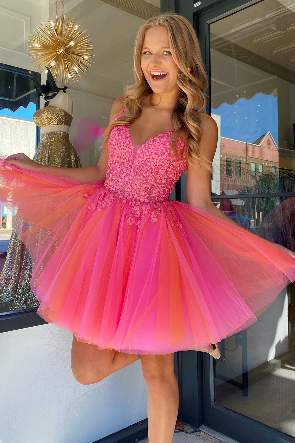 Hot Pink Homecoming Dresses A-Line Tulle Short Cocktail Dresses with Lace