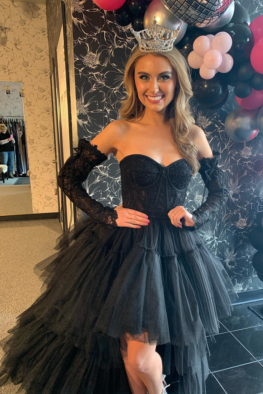 Hot Pink Homecoming Dresses High Low Detachable Sleeves Corset Prom Dress with Lace