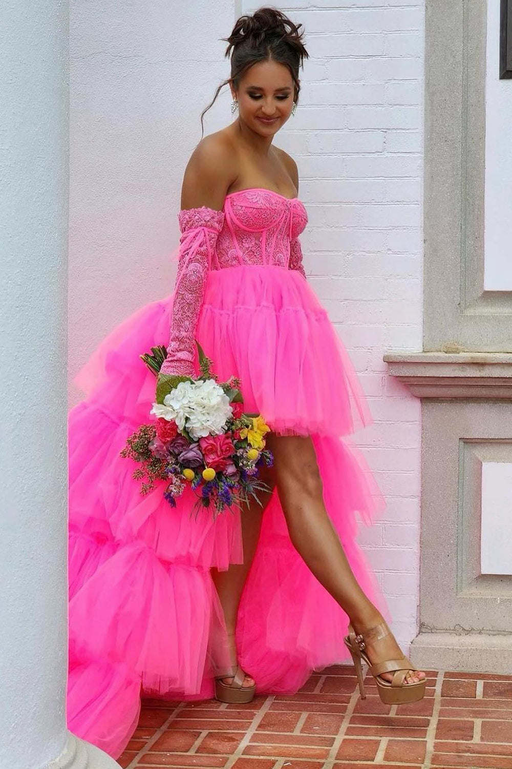 Hot Pink Homecoming Dresses High Low Detachable Sleeves Corset Prom Dress with Lace