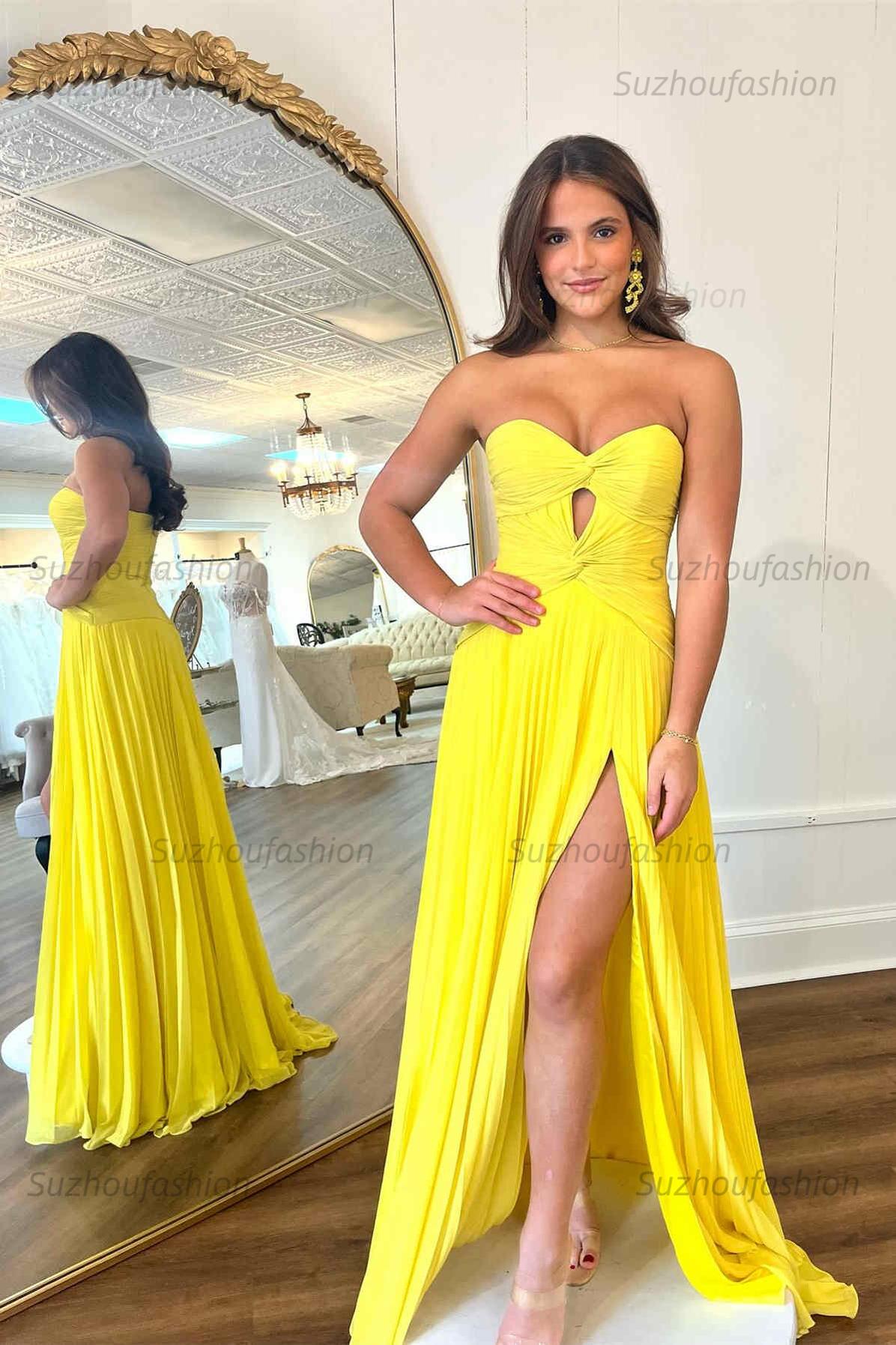 Hot Pink Prom Dress A Line Strapless Keyhole Pleated Evening Dress