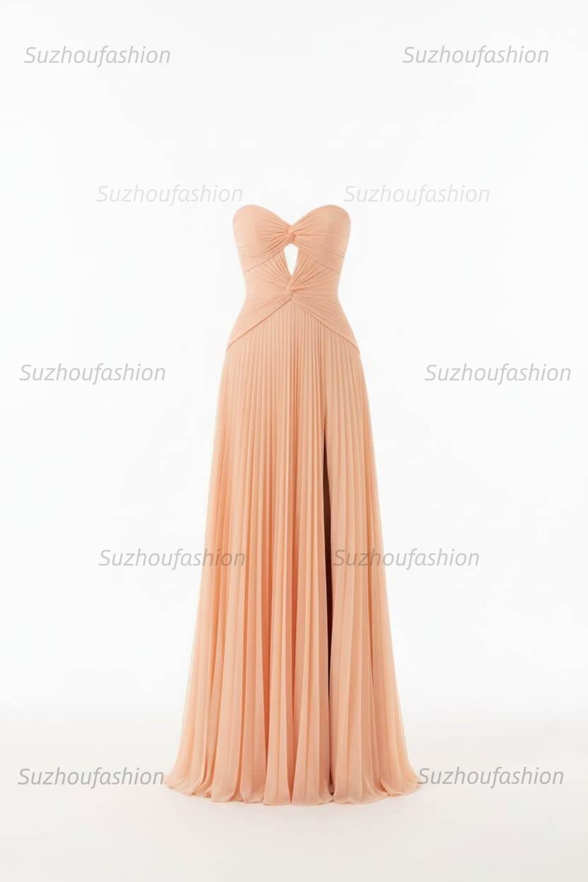 Hot Pink Prom Dress A Line Strapless Keyhole Pleated Evening Dress