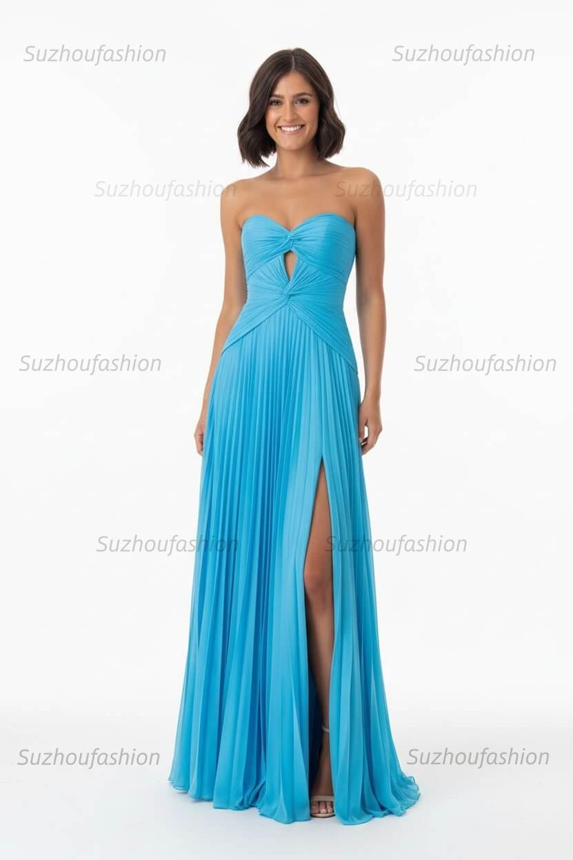 Hot Pink Prom Dress A Line Strapless Keyhole Pleated Evening Dress