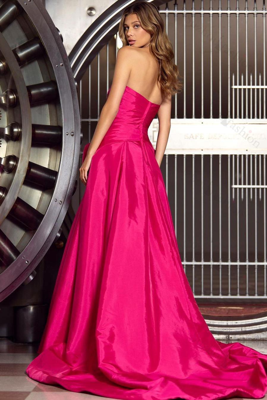 Hot Pink Prom Dress Strapless Sleeveless Pleated Split Evening Formal Dress With Bowknot