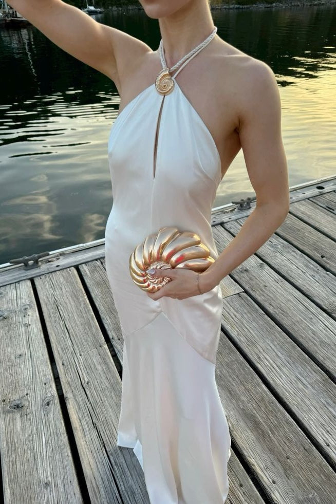 Hot Mermaid Halter Neck White Long Prom Dress with Keyhole