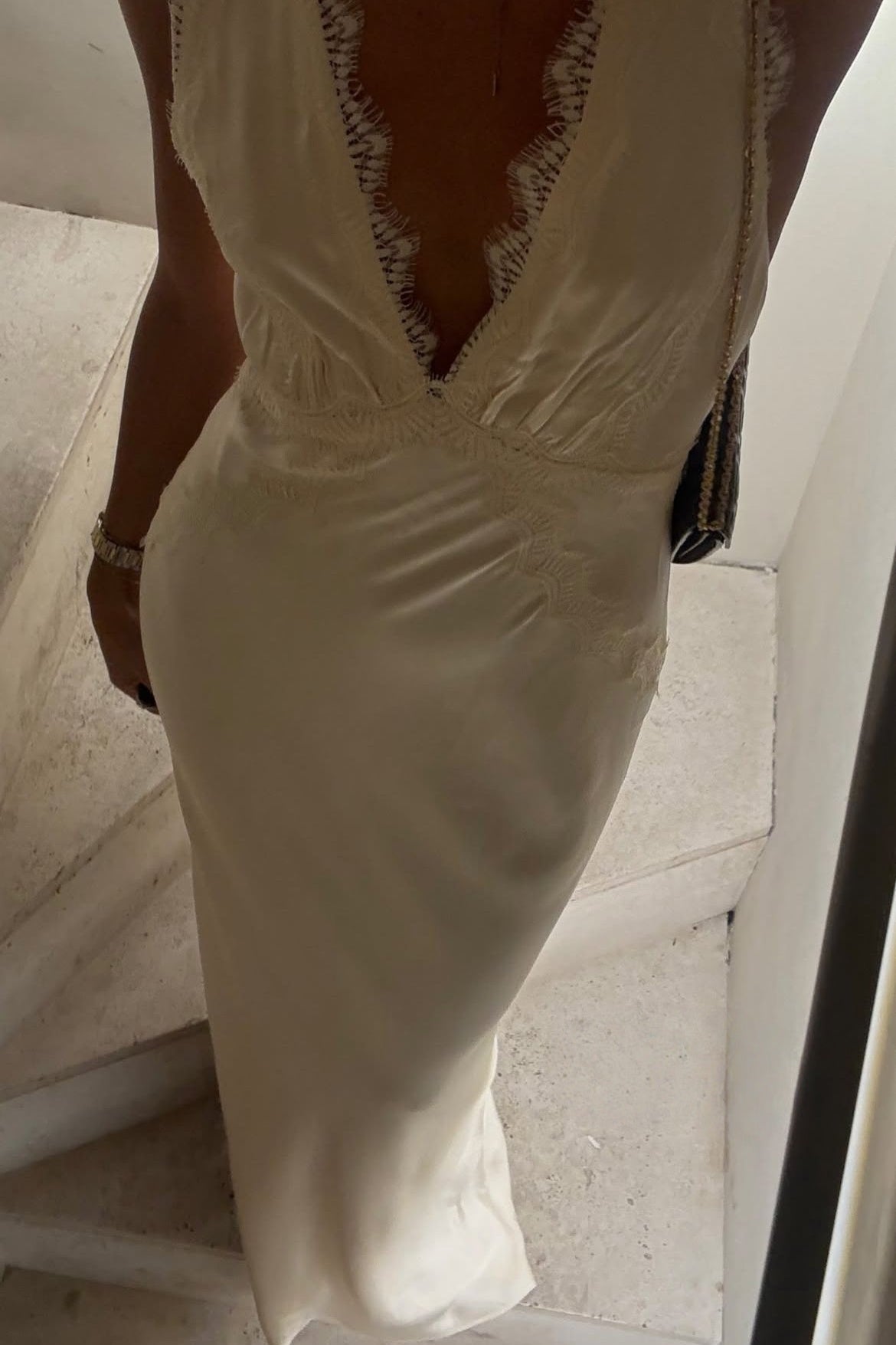 Trendy Sheath Deep V Neck Ivory Long Party Dress with Lace