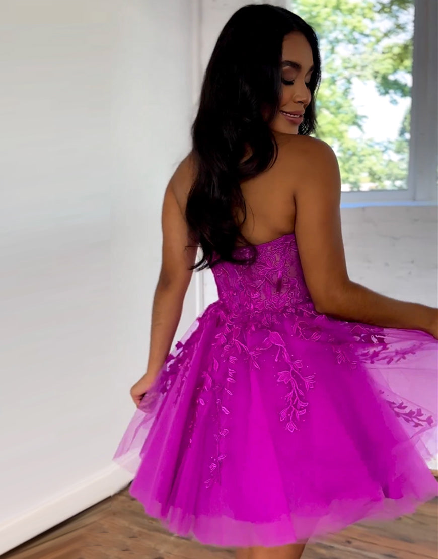 Hot Pink A-Line Strapless Tulle Homecoming Dress With Appliques - View 5 | VelvetHem