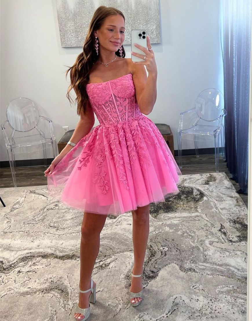 Hot Pink A-Line Strapless Tulle Homecoming Dress With Appliques - VelvetHem