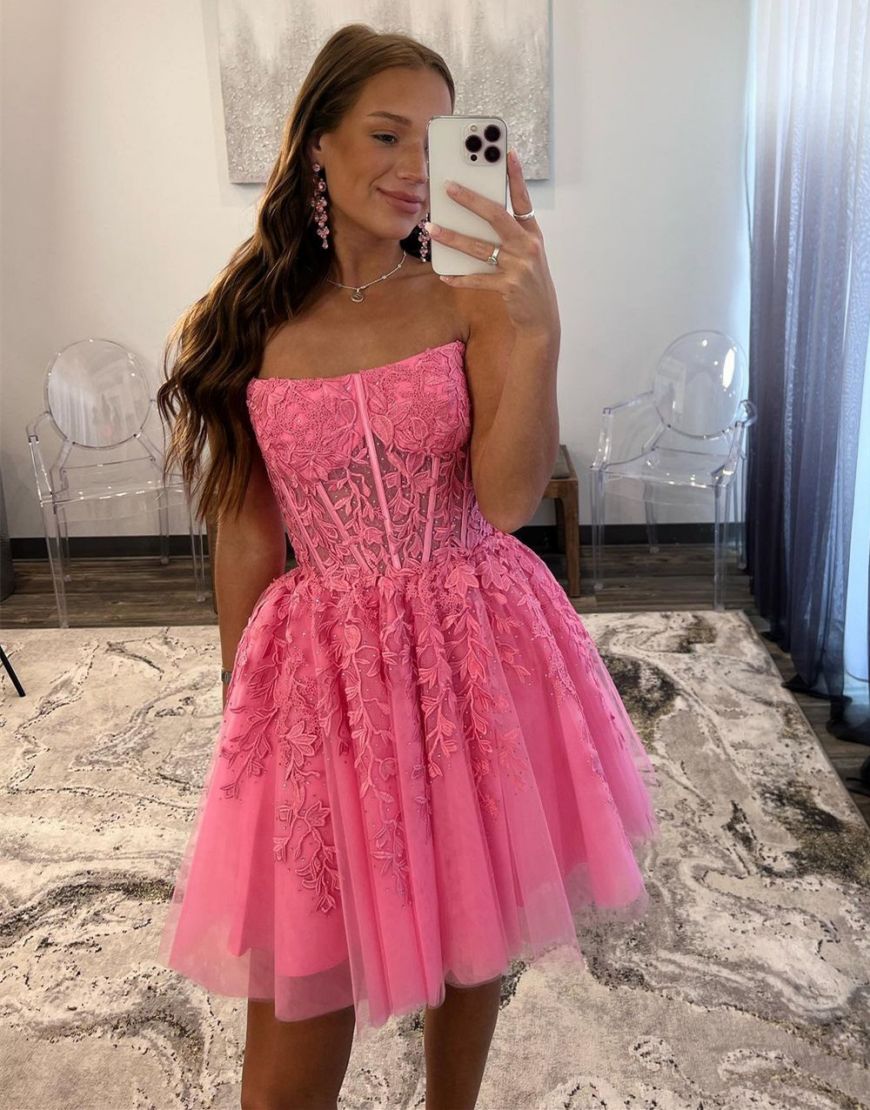 Hot Pink A-Line Strapless Tulle Homecoming Dress With Appliques - View 2 | VelvetHem