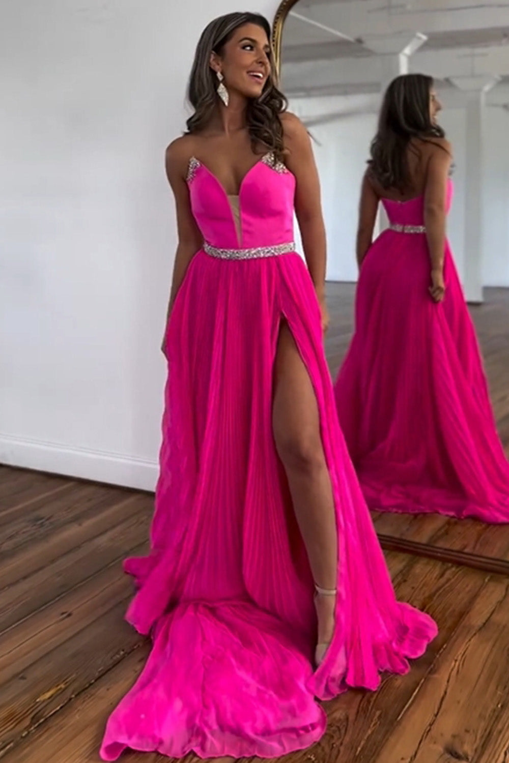 Hot Pink Strapless A-Line Sweep Train Prom Dress With Beaded Belt - View 2 | VelvetHem