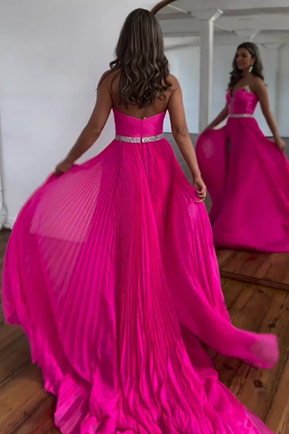 Hot Pink Strapless A-Line Sweep Train Prom Dress With Beaded Belt - View 3 | VelvetHem