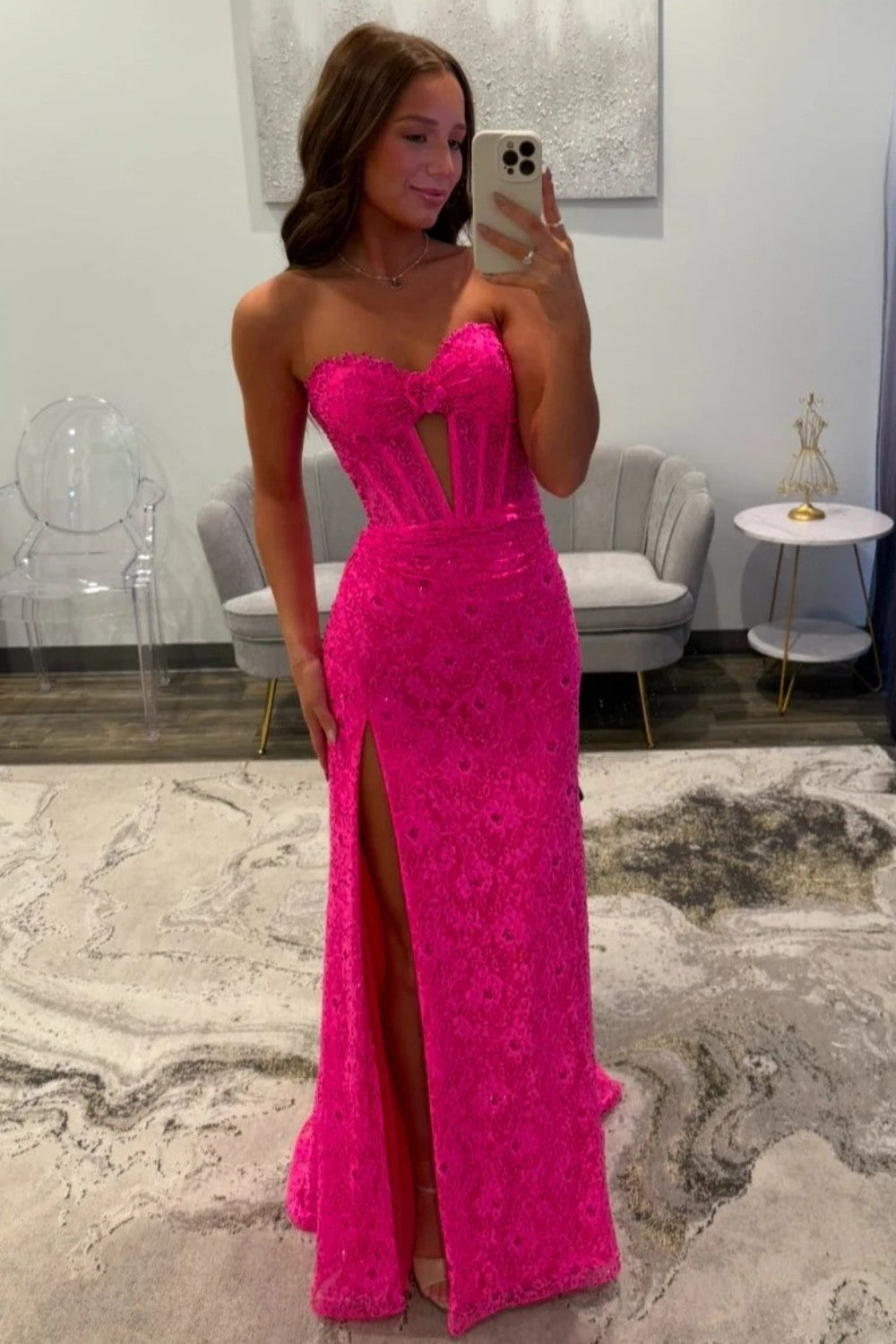 Charming Mermaid Sweetheart Hot Pink Lace Long Prom Dress with Split Front