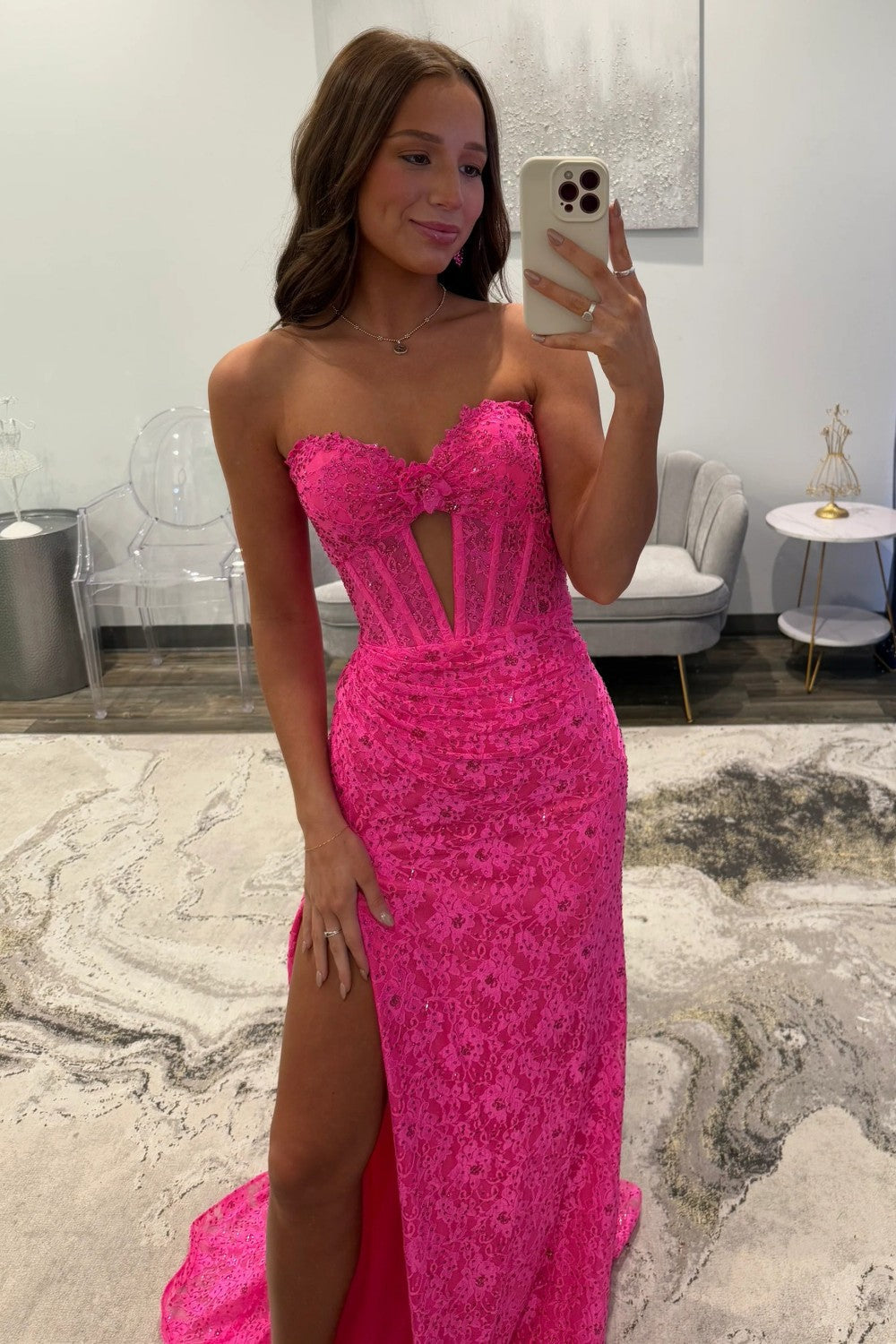 Charming Mermaid Sweetheart Hot Pink Lace Long Prom Dress with Split Front