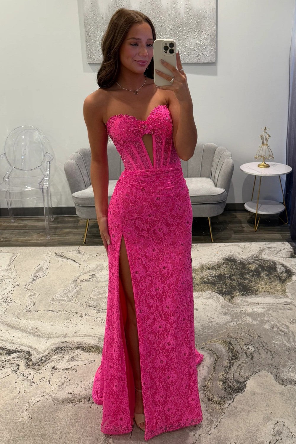 Charming Mermaid Sweetheart Hot Pink Lace Long Prom Dress with Split Front