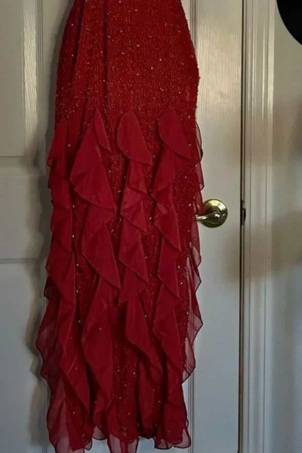 Hot Sheath Spaghetti Straps Red Long Prom Dress with Pearls Ruffles
