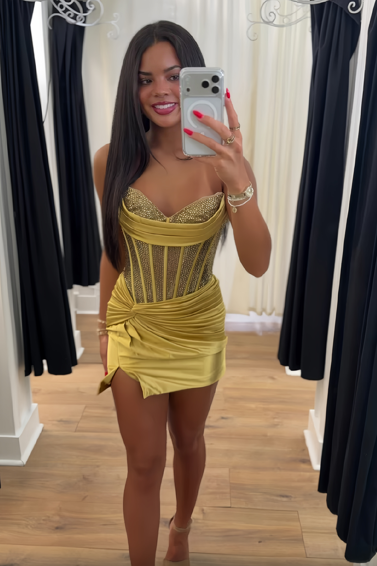 Hot Sheath Sweetheart Gold Corset Homecoming Dress with Beading
