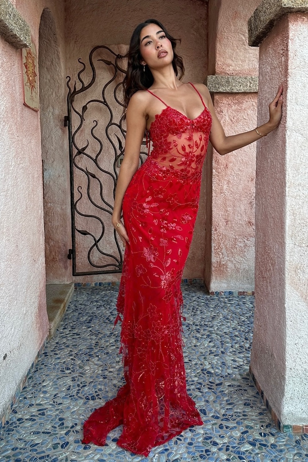 Gorgeous Mermaid Spaghetti Straps Orange Long Prom Dress with Appliques