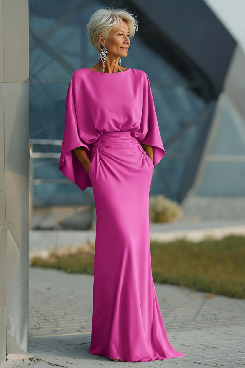 Navy Satin Mermaid Backless Long Mother Of The Bride Dress With Pockets