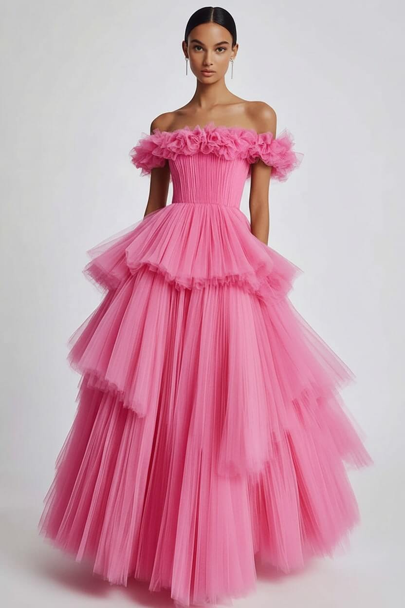 Dusty Sage Prom Dress Tulle Off The Shoulder Ball Gown Formal Dress With Ruffles