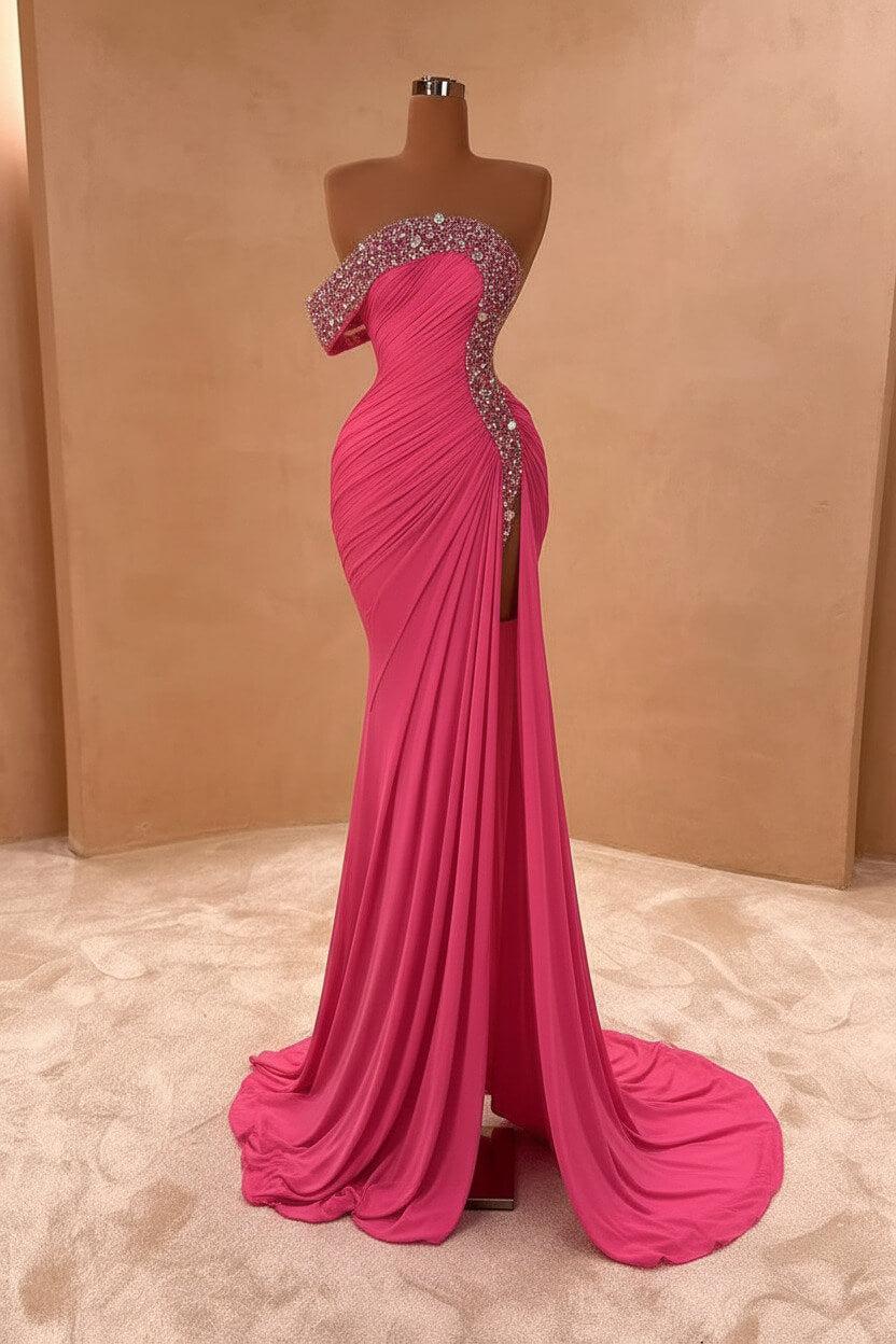 One Shoulder Sleeveless Long Split Evening Formal Dress With Pleated Sequined