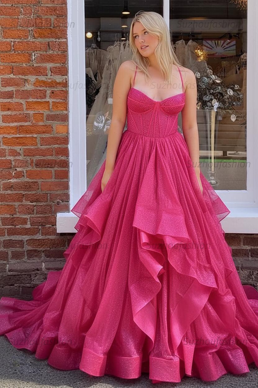 Dark Green A Line Long Corset Prom Dress With Ruffles