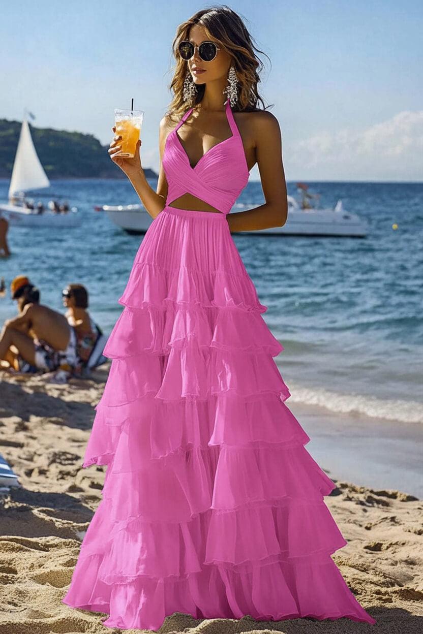 Halter Tiered White 2 Piece Ruffled Formal Dress