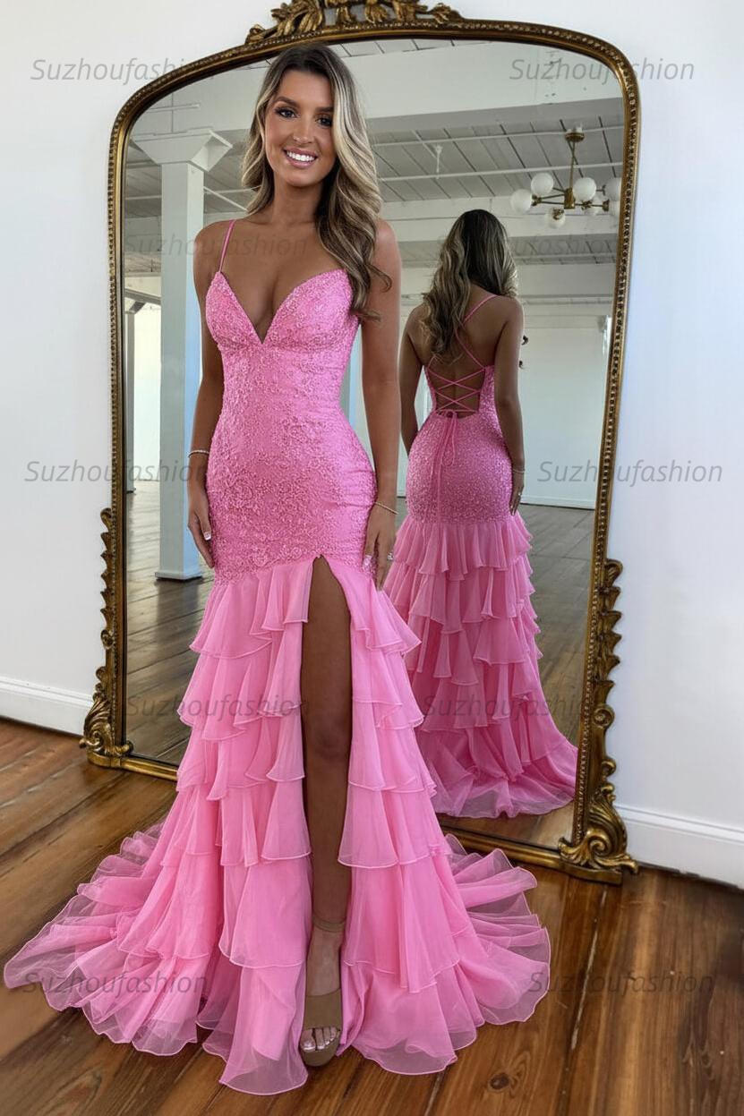 Suzhoufashion Mermaid Spaghetti Straps Lace Up Long Prom Dress With Ruffle Skirt Formal Evening Gown