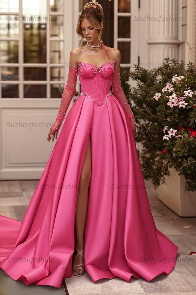Lilac Prom Dress Beaded A Line Sweetheart Corset Evening Dress with Slit