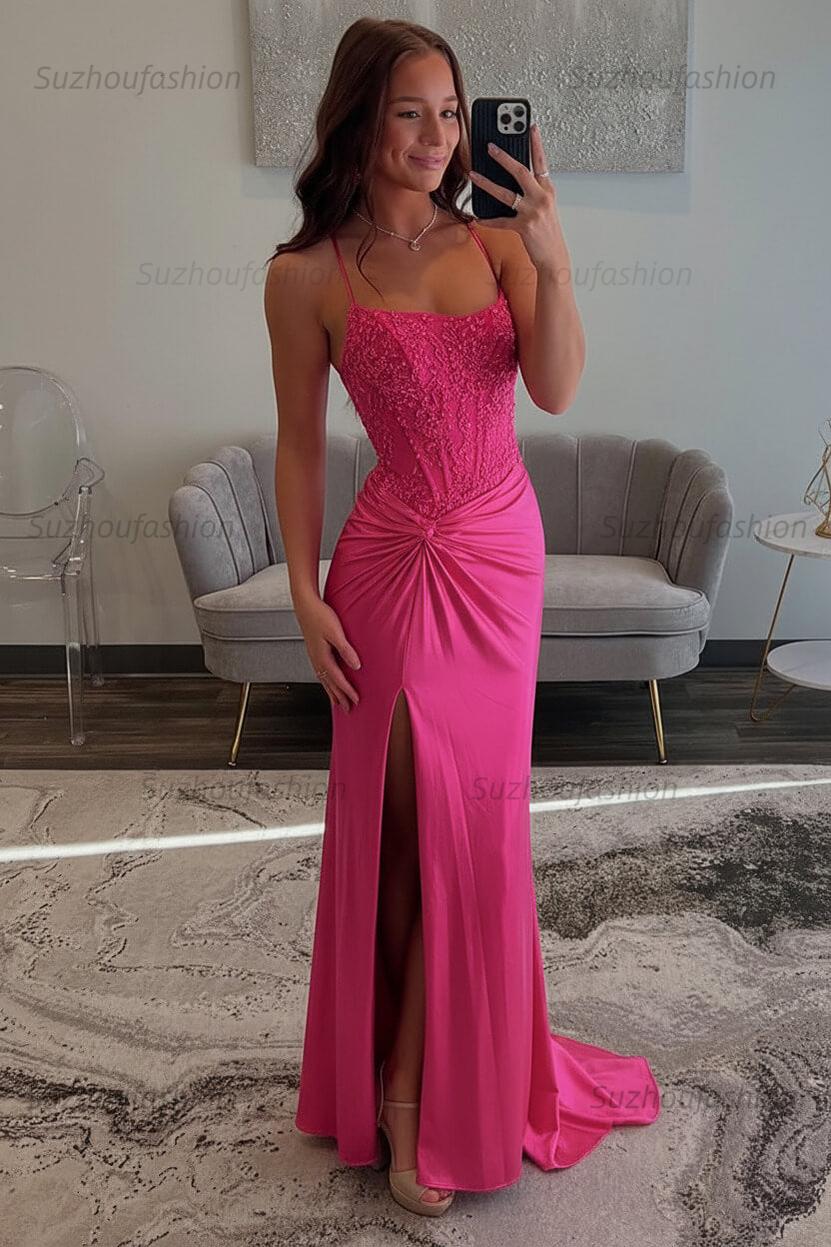 Red Prom Dress Spaghetti Straps Ruhed Long Lace Formal Dress With Appliques