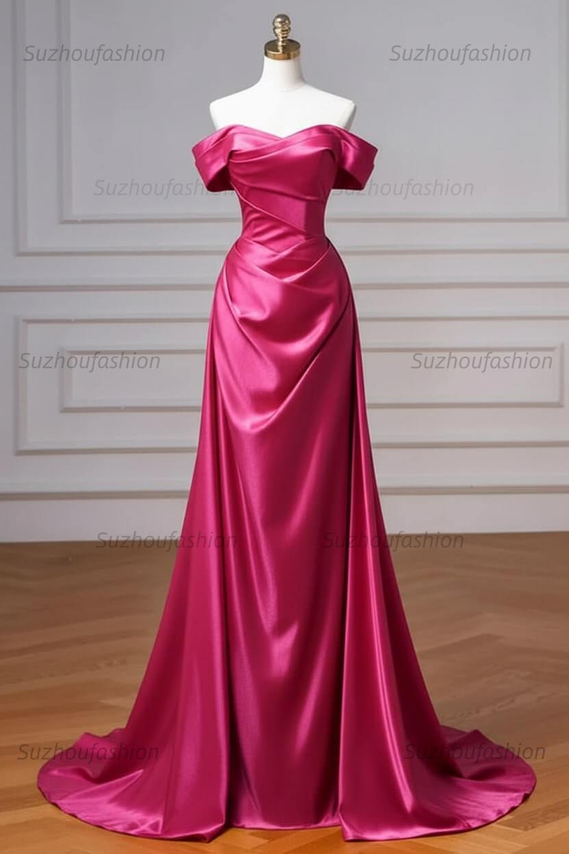 Navy Prom Dress Blue Off The Shoulder Formal Dress with Detachable Train