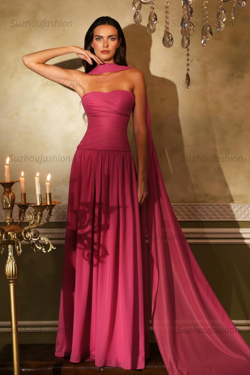 Chiffon Strapless Sleeveless Long Evening Formal Dress With Ruffled Pleated