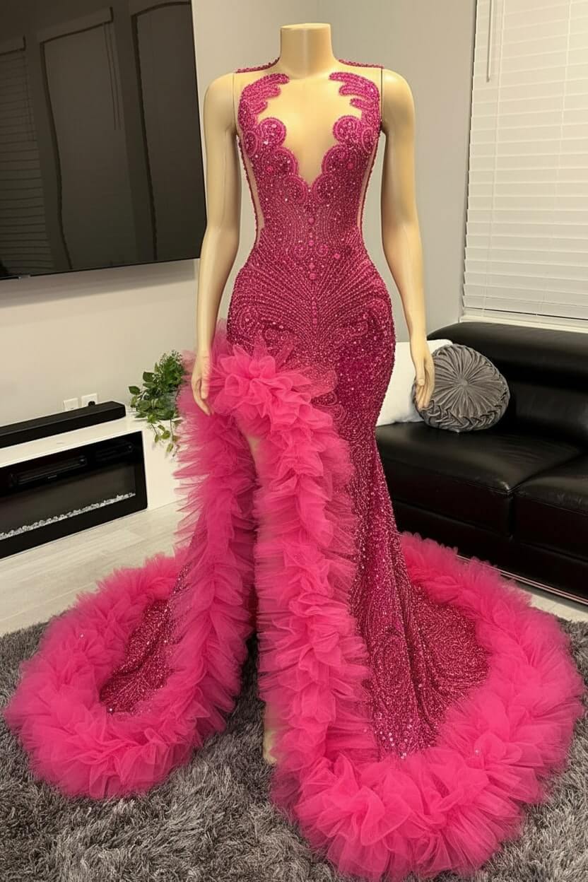 V-neck Prom Dress Orange Beaded Tulle Ruffles Sequin Formal Evening Party Dress