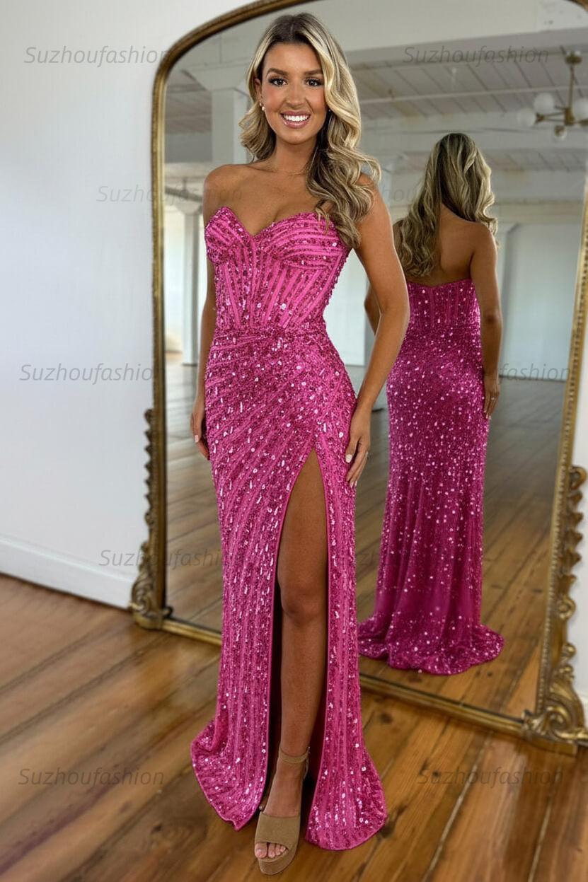 Sequined Prom Dress Sweetheart Mermaid With High Slit Skirt Formal Evening Gown