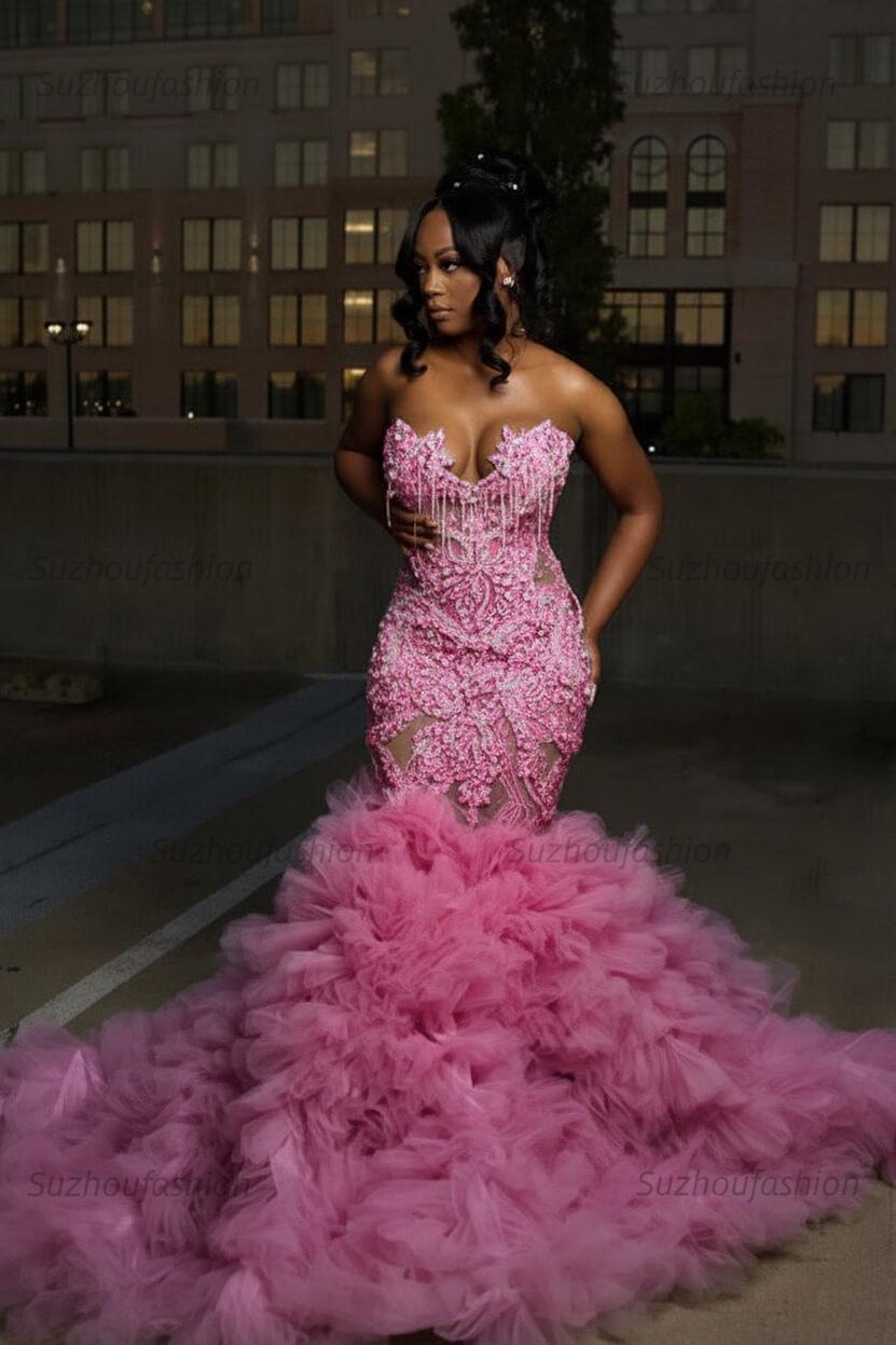 Mermaid Sweetheart Prom Dress Ruffled Sleeveless Formal Evening Gown with Rhinestones and Beadings